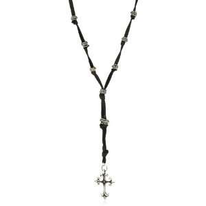  Ettika Mens Silver Cross with Feather Black Leather 