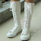 Girls White Knee High Punk Rock EMO Canvas Boots Lace up Sneakers 