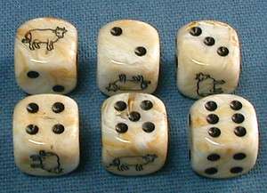 COW DICE (6)16mm MARBLED IVORY w/BLACK COW ACE & PIPS  