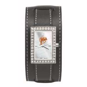  Miami Dolphins Starlette Wide Black Leather Watch: Sports 