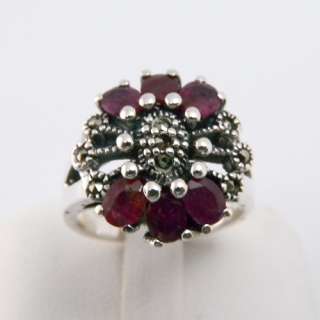 Genuine Red Ruby Marcasite 925 Sterling Silver Ring Sz8  