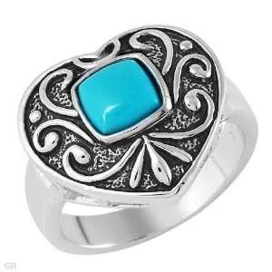 Turquoise Cube in Heart Shaped Solid .925 Sterling Silver SIZE 8 Ring 