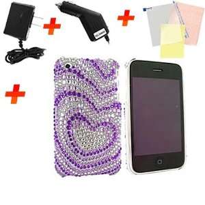  For iPhone 3Gs Bling Hrt Purple Pink Accessory Bundle 