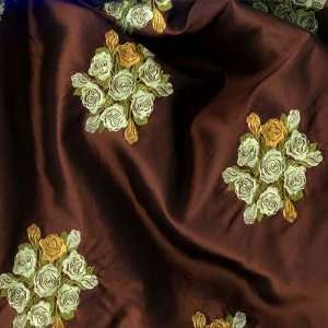  56 Wide Embroidered Taffeta Rose Bouquets Coffee Fabric 