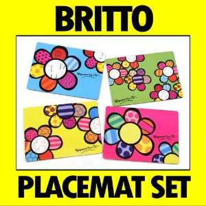  New Romero Britto Set 4 Placemats Flower Mats Wood Cork 