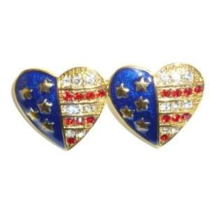  Goldplated Enamel & Crystal 2 Patriotic Hearts Jewelry
