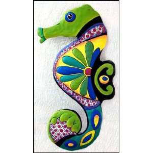 Green & Blue Seahorse Painted Metal Wall Hanging   13 x 24  