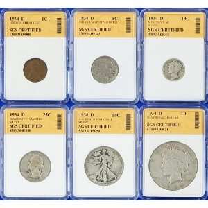  1934 D Mint 6 Coin Year Set with Peace Dollar   SGS 