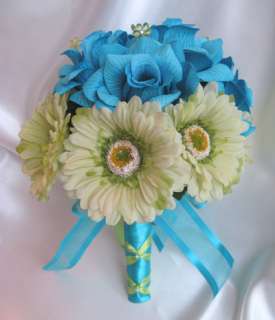 Bridal Bouquet wedding flowers TURQUOISE GREEN DAISY  