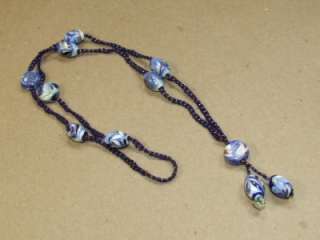   Deco Braided Cobalt Glass Seed Bead & Foil Art Glass Lavalier Necklace
