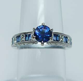 Sapphire Diamond Filigree Engagement Ring 14K White Gold Estate 