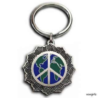 KEY CHAIN   WORLD IMAGE & PEACE SIGN   PEWTER  