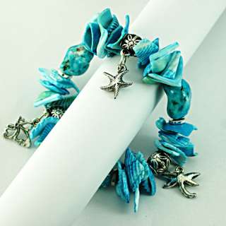 z8311 Woman Fashion Blue Elastic Shell Beads Butterfly Dangle Bracelet 