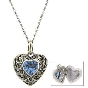  Sterling Silver Marcasite Blue Heart Locket Jewelry