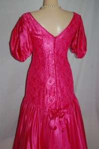 vintage 80s party dress neon fuschia pink satin lace n satin prom 