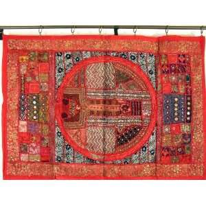 Red Indian Sari Tapestry Wall Hanging Decor Art Textile  