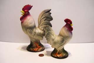 Vintage Pair of Rooster Chicken Pottery Ornaments   Japan  