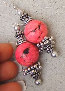 PINK TURQUOISE BIG EARRINGS SILVER BALI BEADS PAGEANT LARGE BERRY GEM 