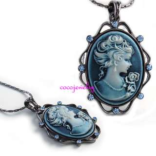 New VTG Style Sapphire Cameo Crystals Pendant Necklace  