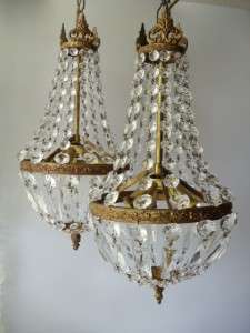 ANTIQUE BRASS CRYSTAL FRENCH PETITE EMPIRE BAG SWAG CHANDELIER HANGING 