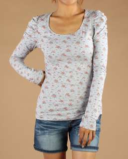 MOGAN BOHO Floral Print Ruched Puff Long Sleeve Scoop neck T Shirt Top 