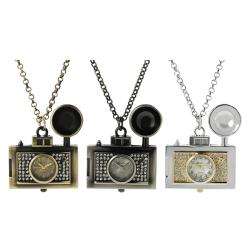 Geneva Platinum Womens Rhinestone Old fashioned Camera Necklace Watch 