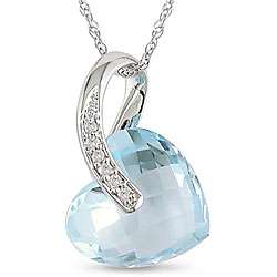 10k White Gold Blue Topaz and Diamond Heart Necklace  