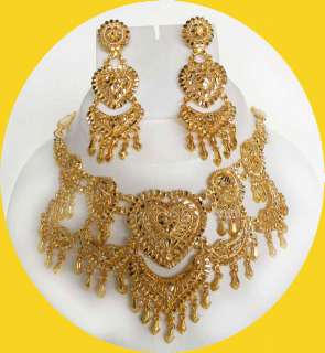 GOLD PLATED BRIDAL SARI JEWELRY WIDE NECKLACE SET BOLLYWOOD INDIA 