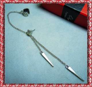   Antique silver 2spike dangle chain drop stud earring ear cuffs E0344