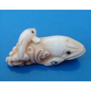 Mammoth Ivory Japanese Ojime Bead Netsuke dolphin & Baby~*~