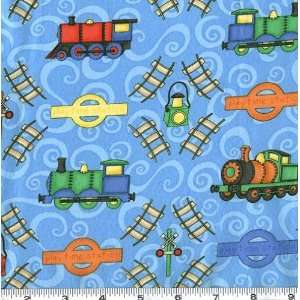  45 Wide All Aboard Trains & Track Blue Fabric By The 
