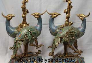   100% Bronze Cloisonne 24K Gilt Phoenix Statue Candlestick Pair  