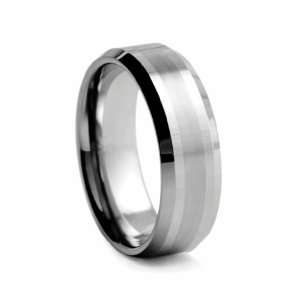 Tungsten Carbide Ring Polished W/ Brushed Center Stripe Beveled Edge 