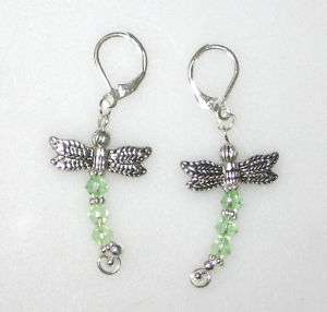 Green Swarovski Crystal Dragonfly Leverback Earrings  