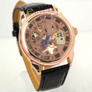 New Rose Golden Case See Through Mechanical MENS Wrist Watch Leather 