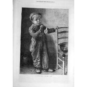  1871 Boy Blowing Bubbles Hunt Child Fine Art Old Print 