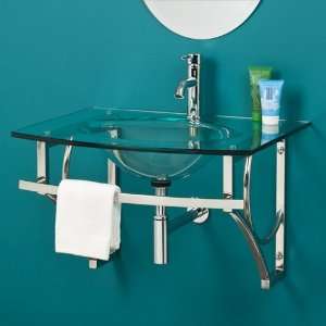  Clear Glass Wall Hung Sink with Polished Stainless Steel 