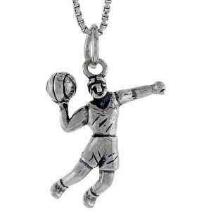 925 Sterling Silver Basketball Player Pendant (w/ 18 Silver Chain 