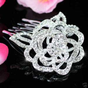 3D Rose Wedding Bride Silver Plated Hair Comb T1341  