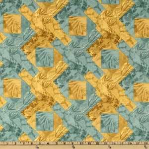  44 Wide Silk Garden Patches Gold/Teal Fabric By The Yard 