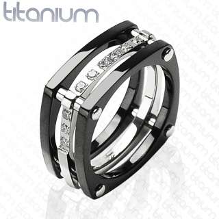 Mens solid titanium ring with IP Black and CZ Stones wedding band 
