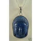 EE Blue Lapis Carved Buddha Head Pendant w Silver Necklace