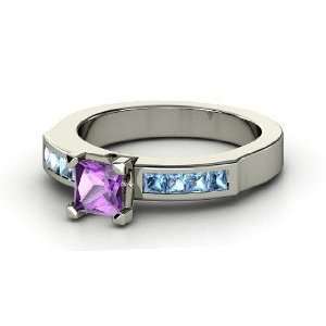   Channel Ring, Princess Amethyst 18K White Gold Ring with Blue Topaz