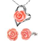Dahlia Red Coral Rose Heart Shaped Silver Pendant w. Silver Chain 