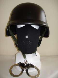 Combat Helmet, Black Neoprene Face Mask, AK47 SWAT Rifle and Handcuffs 