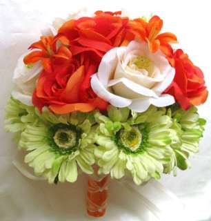Bridal Bouquet silk wedding flowers ORANGE LILY GREEN DAISY CREAM 17 