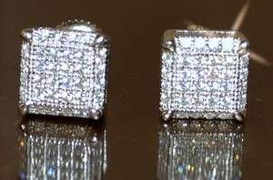   SILVER CZ STUD EARRINGS MICRO PAVE SQUARE CUBE MENS 8MM  