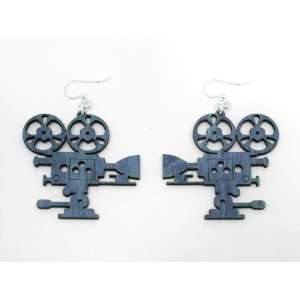   Evening Blue Old Fashioned Movie Camera Wooden Earrings GTJ Jewelry