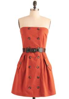   Orange, Brown, Solid, Buttons, Pockets, A line, Strapless, Mid length