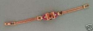   1940s 14K PINK GOLD RUBY WATCH DOUBLE FOX TAIL BRACELET PINK DIAL